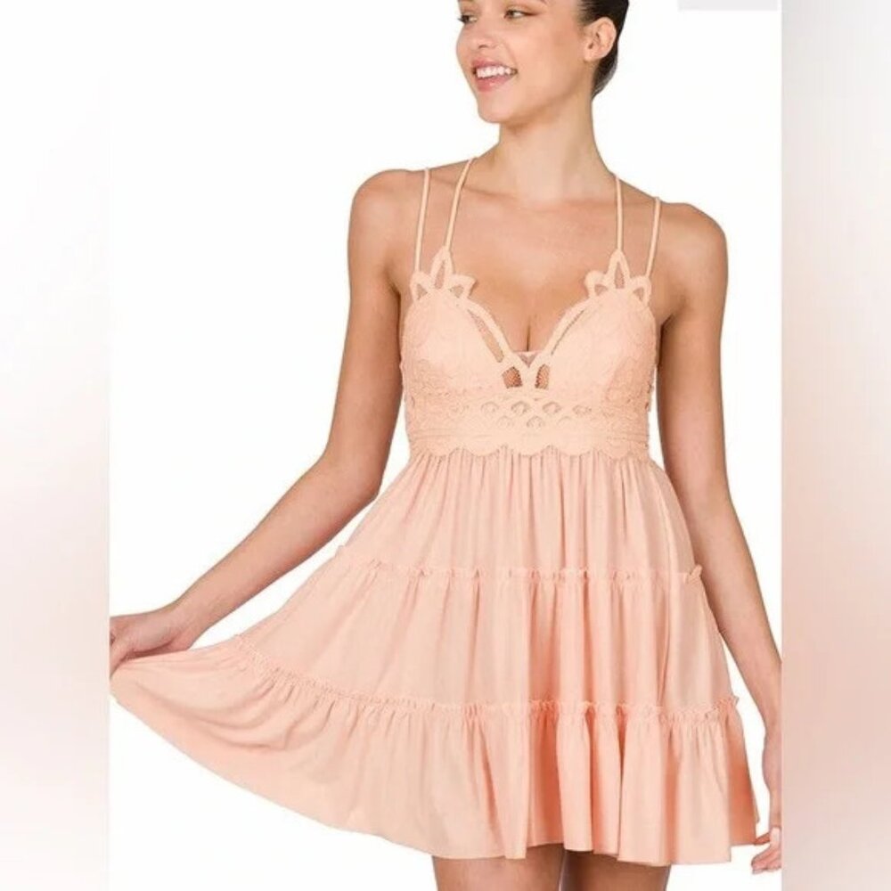 Zenana Women's Adeline Crochet Lace Ruffle Cami Dress, Light Peach, Size M